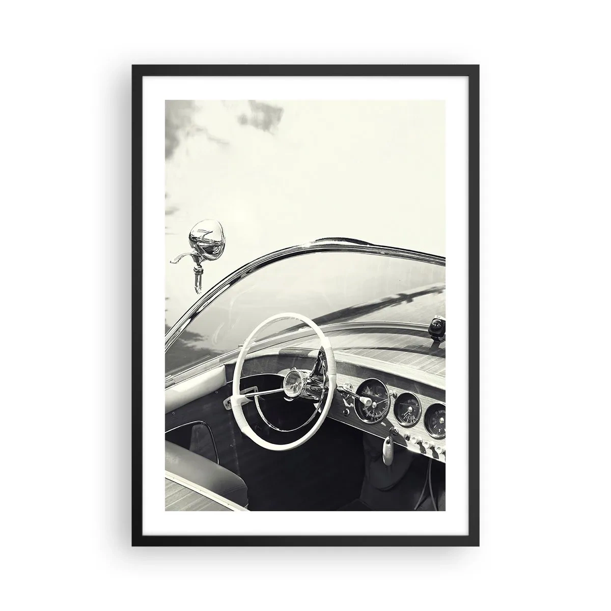 Póster en marco negro - Interior de un coche clásico con volante. - 50x70cm - Tiempo para los ricos - Decoración de pared moderna para salón y dormitorio ARTTOR