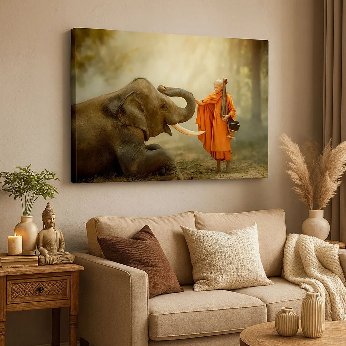 Cuadro sobre lienzo - Impresión de Imagen - Un monje y un elefante en armonía con la naturaleza como telón de fondo. - 70x50cm - Un encuentro en un viaje - Decoración de pared moderna para salón y dormitorio ARTTOR