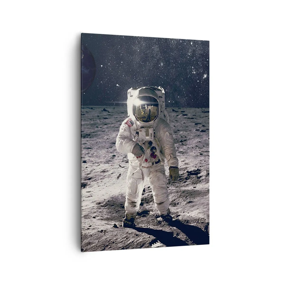 Cuadro sobre lienzo - Impresión de Imagen - Astronauta en la superficie de la Luna con la Tierra al fondo - 80x120cm - Saludos desde la Luna - Decoración de pared moderna para salón y dormitorio ARTTOR