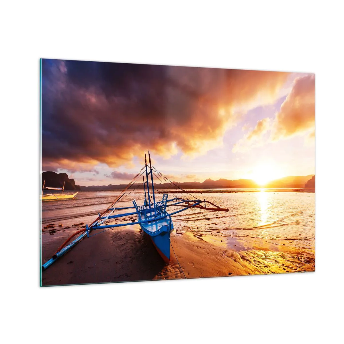Cuadro sobre vidrio - Impresiones sobre Vidrio - Barco en la playa al atardecer con un cielo espectacular - 100x70cm - Después de un largo día, relájate en la arena - Decoración de pared moderna para salón y dormitorio ARTTOR