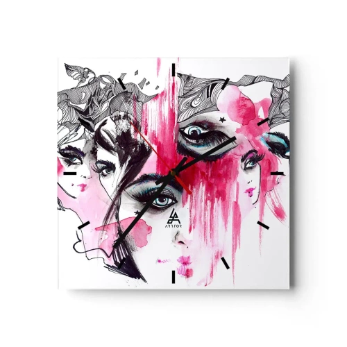 Reloj de pared - Reloj de vidrio - Rostro abstracto en tonos rosa y negro. - 30x30cm - Ojos abstractos - Decoración de pared moderna para salón y dormitorio ARTTOR