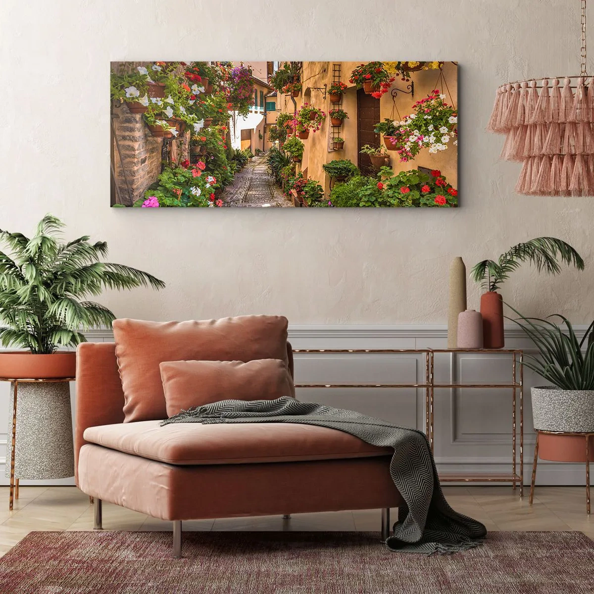 Cuadro sobre lienzo - Impresión de Imagen - Una calle encantadora llena de flores y macetas. - 120x50cm - Callejón italiano - Decoración de pared moderna para salón y dormitorio ARTTOR