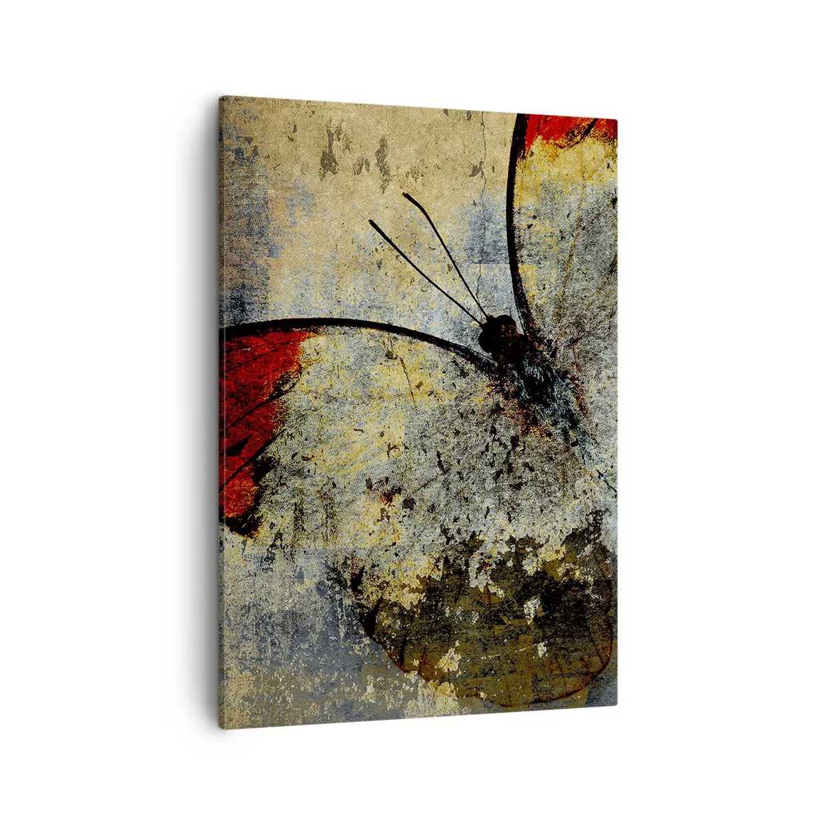 Cuadro sobre lienzo - Impresión de Imagen - Una mariposa en tonos rojos y grises sobre un fondo texturizado. - 50x70cm - Mira antes de que desaparezca - Decoración de pared moderna para salón y dormitorio ARTTOR