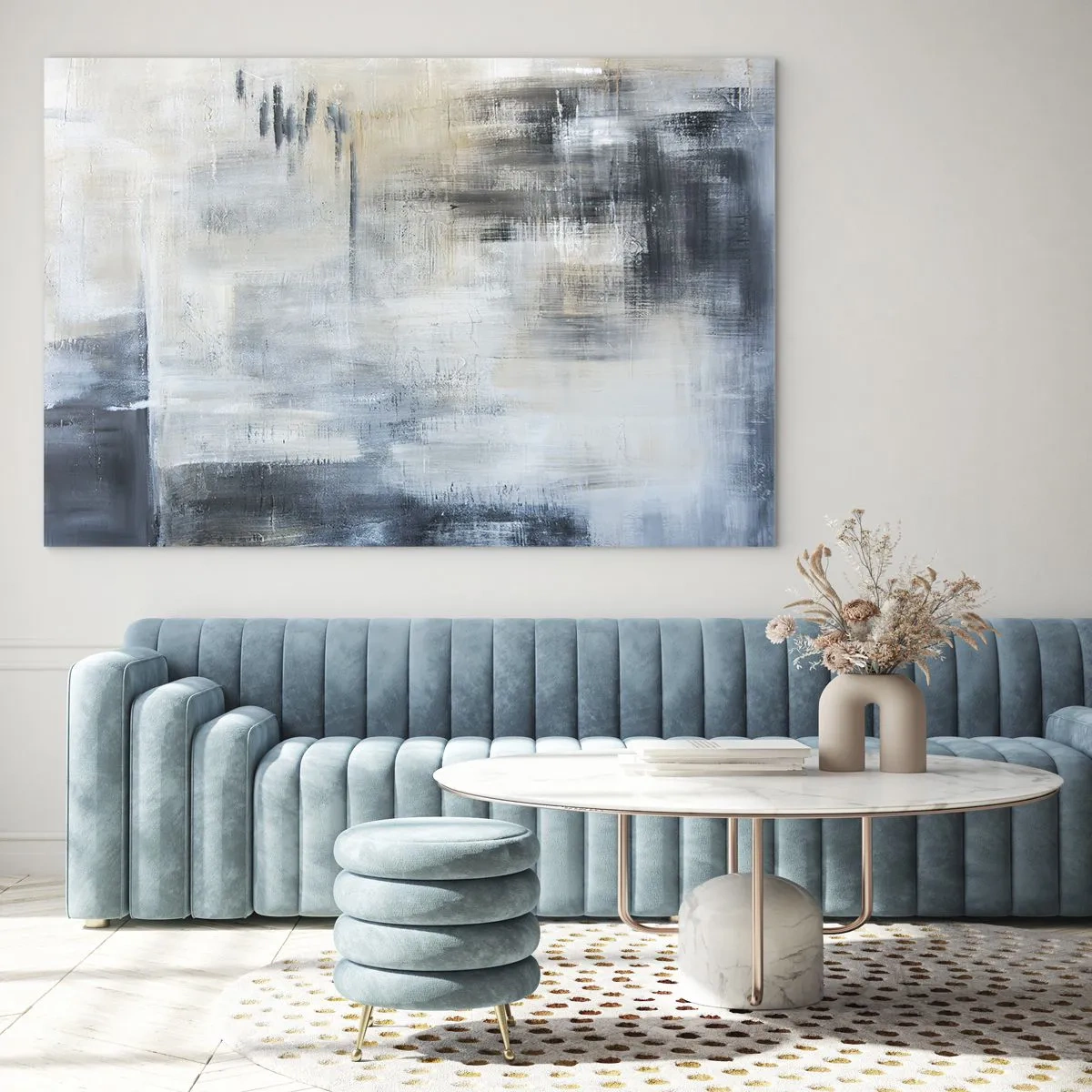 Cuadro sobre vidrio - Impresiones sobre Vidrio - Composición abstracta en tonos azules y grises. - 120x80cm - Detrás de un velo azul - Decoración de pared moderna para salón y dormitorio ARTTOR