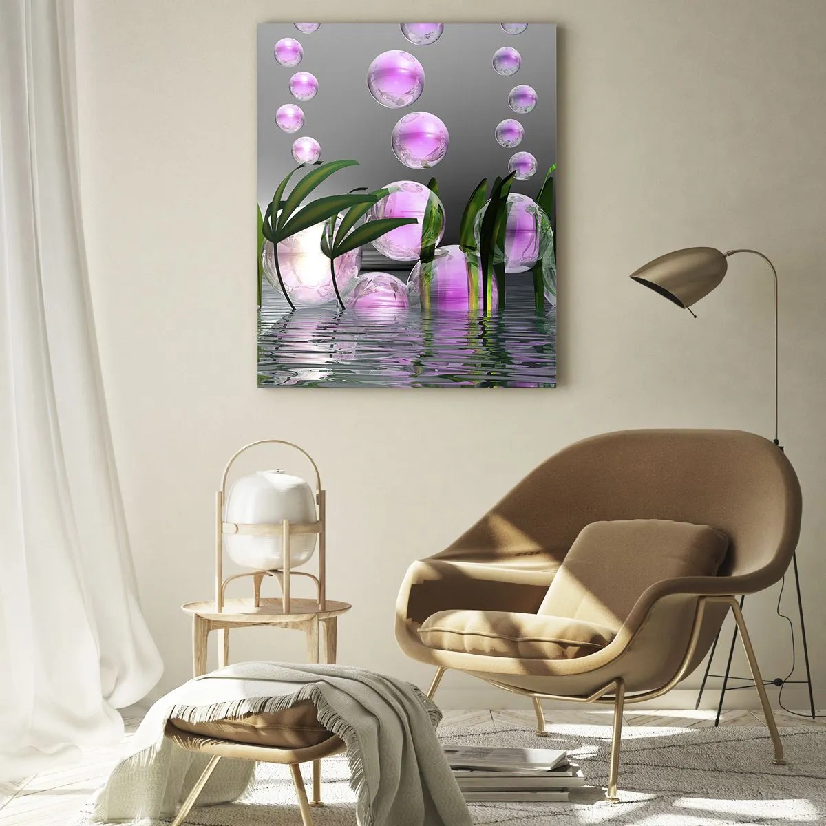 Cuadro sobre vidrio - Impresiones sobre Vidrio - Burbujas moradas flotando sobre el agua con plantas. - 50x70cm - Composición reflexiva de ligereza y vida - Decoración de pared moderna para salón y dormitorio ARTTOR