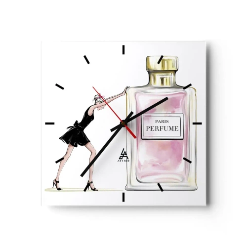Reloj de pared - Reloj de vidrio - Una mujer con un vestido negro junto a un frasco de perfume. - 30x30cm - La esencia de la feminidad - Decoración de pared moderna para salón y dormitorio ARTTOR