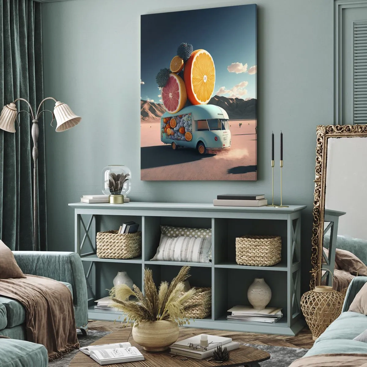 Cuadro sobre lienzo - Impresión de Imagen - Camión de frutas en un paisaje desértico - 50x70cm - Un sabor a vacaciones - Decoración de pared moderna para salón y dormitorio ARTTOR