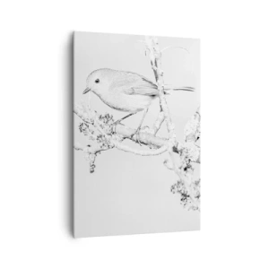 Cuadro sobre lienzo - Impresión de Imagen - Pájaro en una rama en blanco y negro con un estilo minimalista. - 70x100cm - Mañana de invierno - Decoración de pared moderna para salón y dormitorio ARTTOR