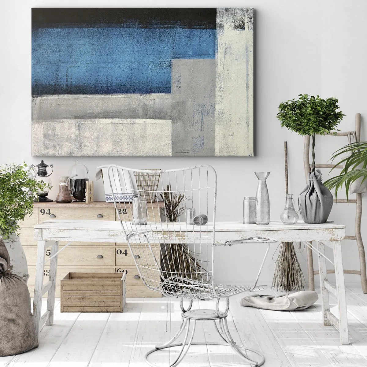 Cuadro sobre lienzo - Impresión de Imagen - Una composición abstracta con tonos de azul, gris y blanco. - 70x50cm - Composición poética de gris y azul - Decoración de pared moderna para salón y dormitorio ARTTOR