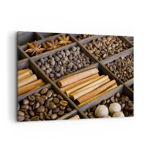 Cuadro sobre lienzo - Impresión de Imagen - Especias y café en compartimentos de madera. - 100x70cm - Un tesoro de aromas - Decoración de pared moderna para salón y dormitorio ARTTOR