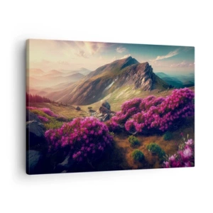 Cuadro sobre lienzo - Impresión de Imagen - Paisaje de montaña con rododendros en flor - 70x50cm - Verano en las montañas - Decoración de pared moderna para salón y dormitorio ARTTOR