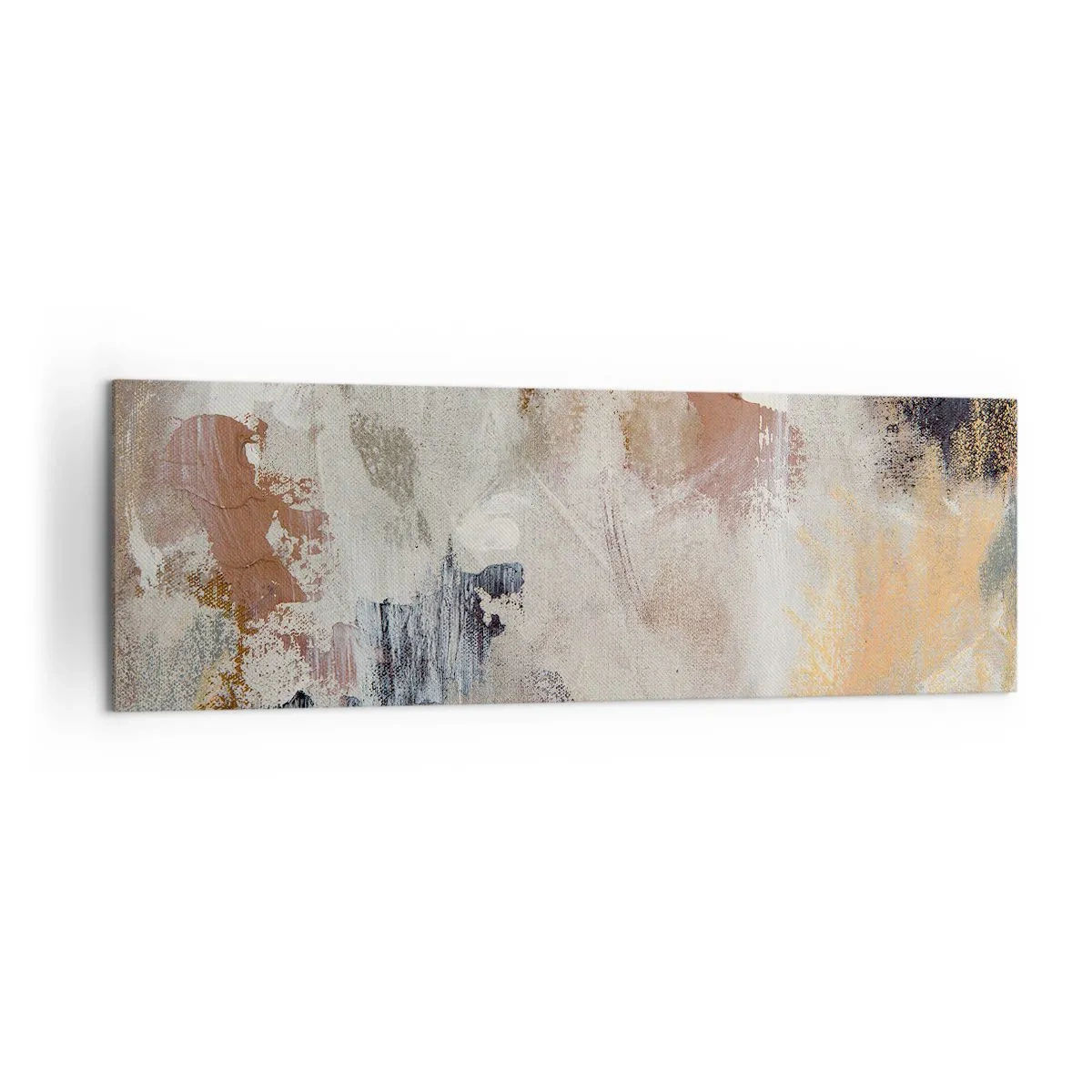Cuadro sobre lienzo - Impresión de Imagen - Manchas abstractas en tonos apagados de beige y dorado. - 160x50cm - Abstracción brumosa - Decoración de pared moderna para salón y dormitorio ARTTOR
