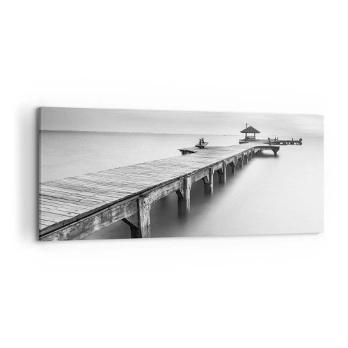 Cuadro sobre lienzo - Impresión de Imagen - Una vista en blanco y negro de un muelle de madera sobre aguas tranquilas. - 120x50cm - Lejos - Decoración de pared moderna para salón y dormitorio ARTTOR