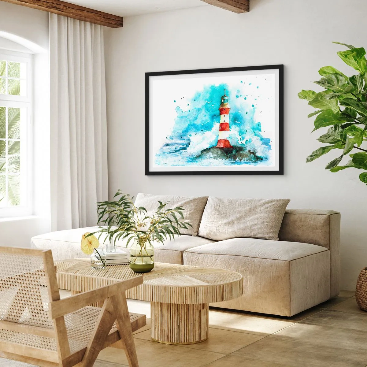Póster en marco negro - Un faro en un entorno de acuarela con un fondo azul. - 70x50cm - La unidad de los elementos - Decoración de pared moderna para salón y dormitorio ARTTOR