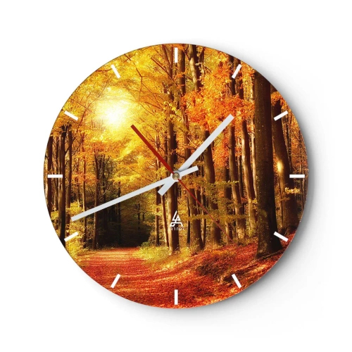 Reloj de pared - Reloj de vidrio - Bosque otoñal con cálidos rayos de sol. - 30x30cm - Un otoño dorado en una carretera forestal - Decoración de pared moderna para salón, cocina y dormitorio ARTTOR
