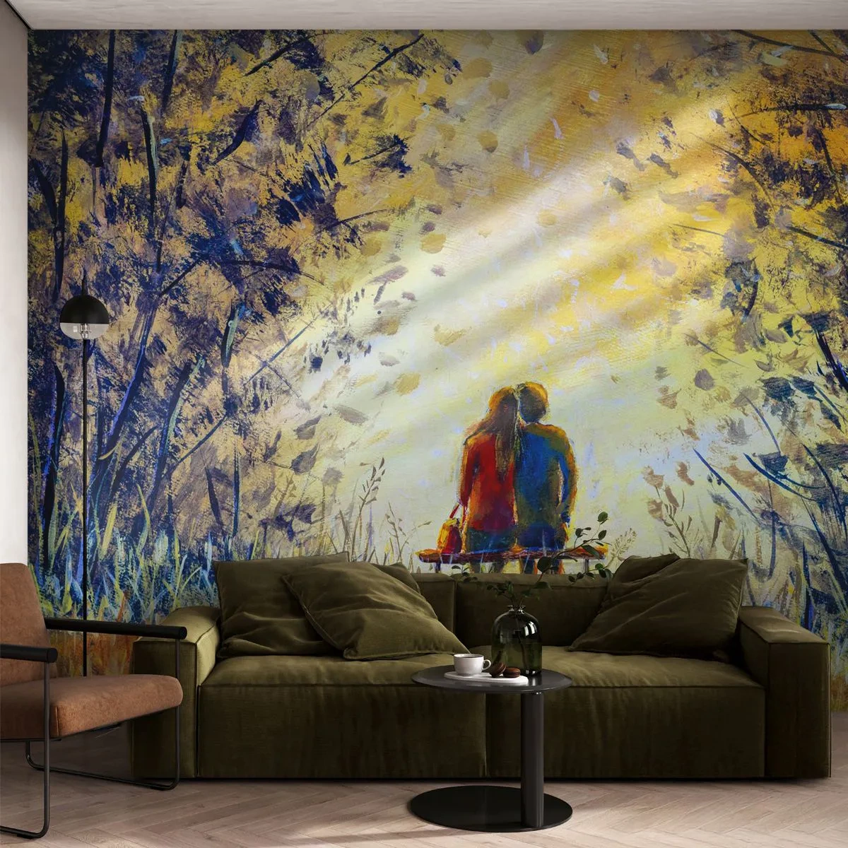 Fotomural Premium Canvas - Una pareja sentada en un banco entre árboles otoñales bajo la luz del sol. - 100x70cm - Un momento mágico - Decoración de pared moderna para salón y dormitorio ARTTOR