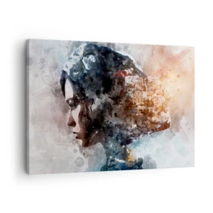 Cuadro sobre lienzo - Impresión de Imagen - Retrato de una mujer que combina su rostro con un paisaje urbano de fondo. - 70x50cm - Una historia sobre una niña con una ciudad de fondo - Decoración de pared moderna para salón y dormitorio ARTTOR