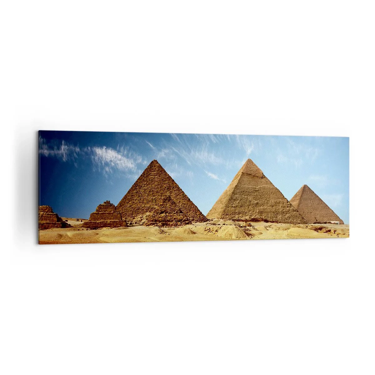 Cuadro sobre lienzo - Impresión de Imagen - Las pirámides de Giza contra un cielo azul y un paisaje desértico. - 160x50cm - 40 siglos te observan - Decoración de pared moderna para salón y dormitorio ARTTOR