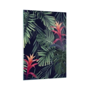 Cuadro sobre vidrio - Impresiones sobre Vidrio - Hojas y flores tropicales sobre un fondo oscuro. - 70x100cm - Encender el color verde - Decoración de pared moderna para salón y dormitorio ARTTOR