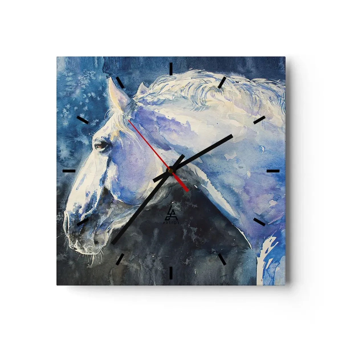 Reloj de pared - Reloj de vidrio - Un retrato de un caballo en tonos azules con un efecto de acuarela pictórica. - 30x30cm - Retrato en un resplandor azul - Decoración de pared moderna para salón y dormitorio ARTTOR