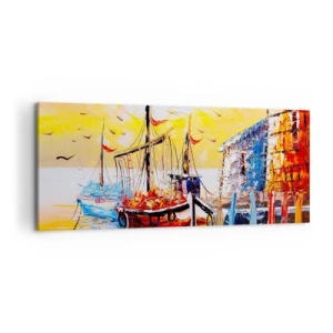 Cuadro sobre lienzo - Impresión de Imagen - Puerto pintoresco al atardecer con barcos de pesca - 120x50cm - Feliz regreso - Decoración de pared moderna para salón y dormitorio ARTTOR