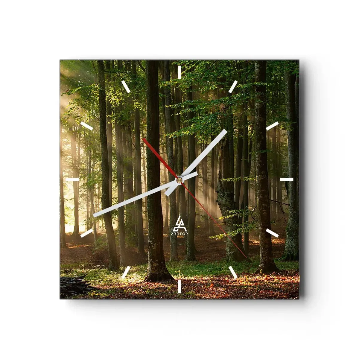 Reloj de pared - Reloj de vidrio - Los rayos del sol penetran a través de los árboles en el bosque. - 30x30cm - Radiante en una mañana de primavera - Decoración de pared moderna para salón y dormitorio ARTTOR