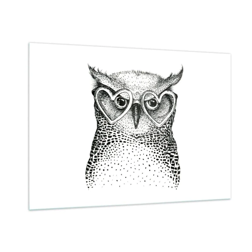 Cuadro sobre vidrio - Impresiones sobre Vidrio - Ilustración de un búho con gafas en forma de corazón - 100x70cm - Con sabiduría y amor - Decoración de pared moderna para salón y dormitorio ARTTOR