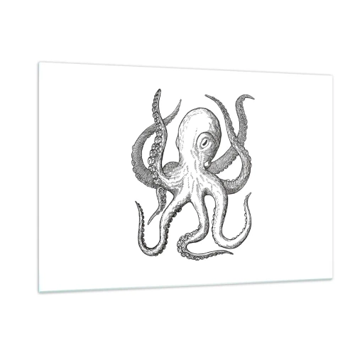 Cuadro sobre vidrio - Impresiones sobre Vidrio - Dibujo en blanco y negro de un pulpo sobre un fondo blanco. - 120x80cm - Bailando con olas - Decoración de pared moderna para salón y dormitorio ARTTOR