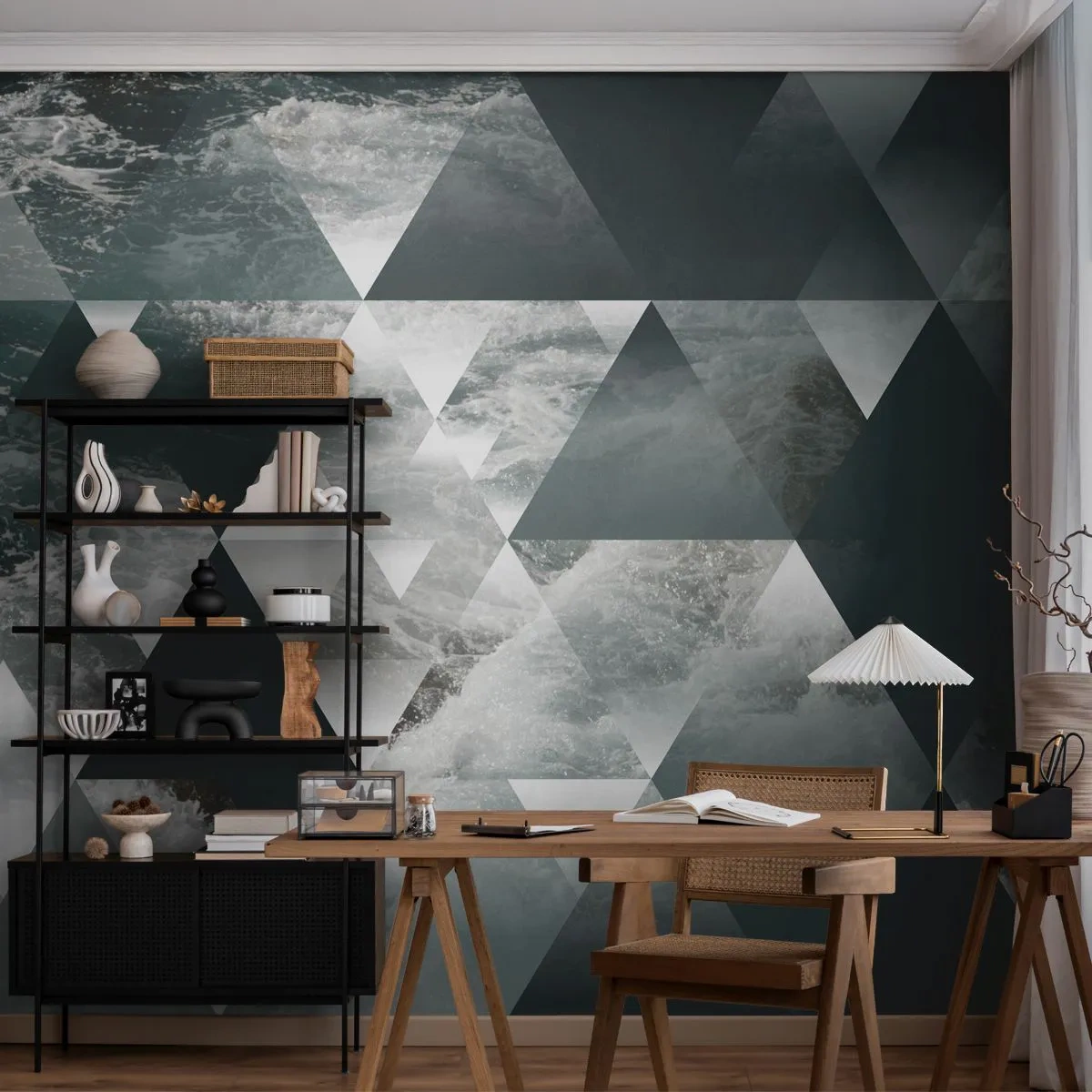 Fotomural Premium Sand - Triángulos geométricos y olas del océano - 100x70cm - Una perspectiva de cristal - Decoración de pared moderna para salón y dormitorio ARTTOR