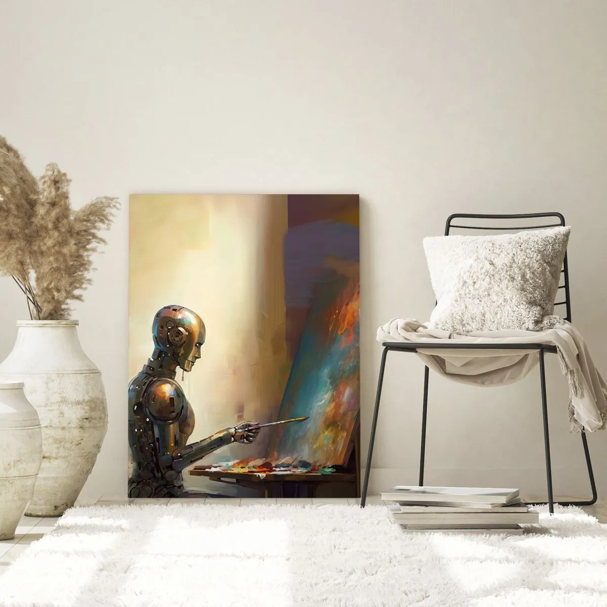 Cuadro sobre vidrio - Impresiones sobre Vidrio - Un robot pintando un cuadro en un caballete. - 50x70cm - Arte del futuro - Decoración de pared moderna para salón y dormitorio ARTTOR