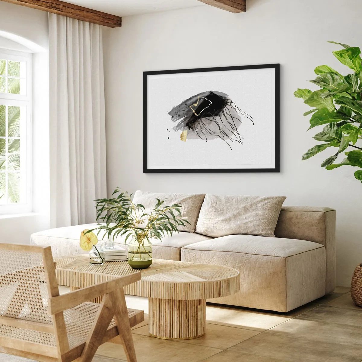 Póster en marco negro - Una composición abstracta con acentos negros y dorados. - 70x50cm - En negro y dorado - Decoración de pared moderna para salón y dormitorio ARTTOR
