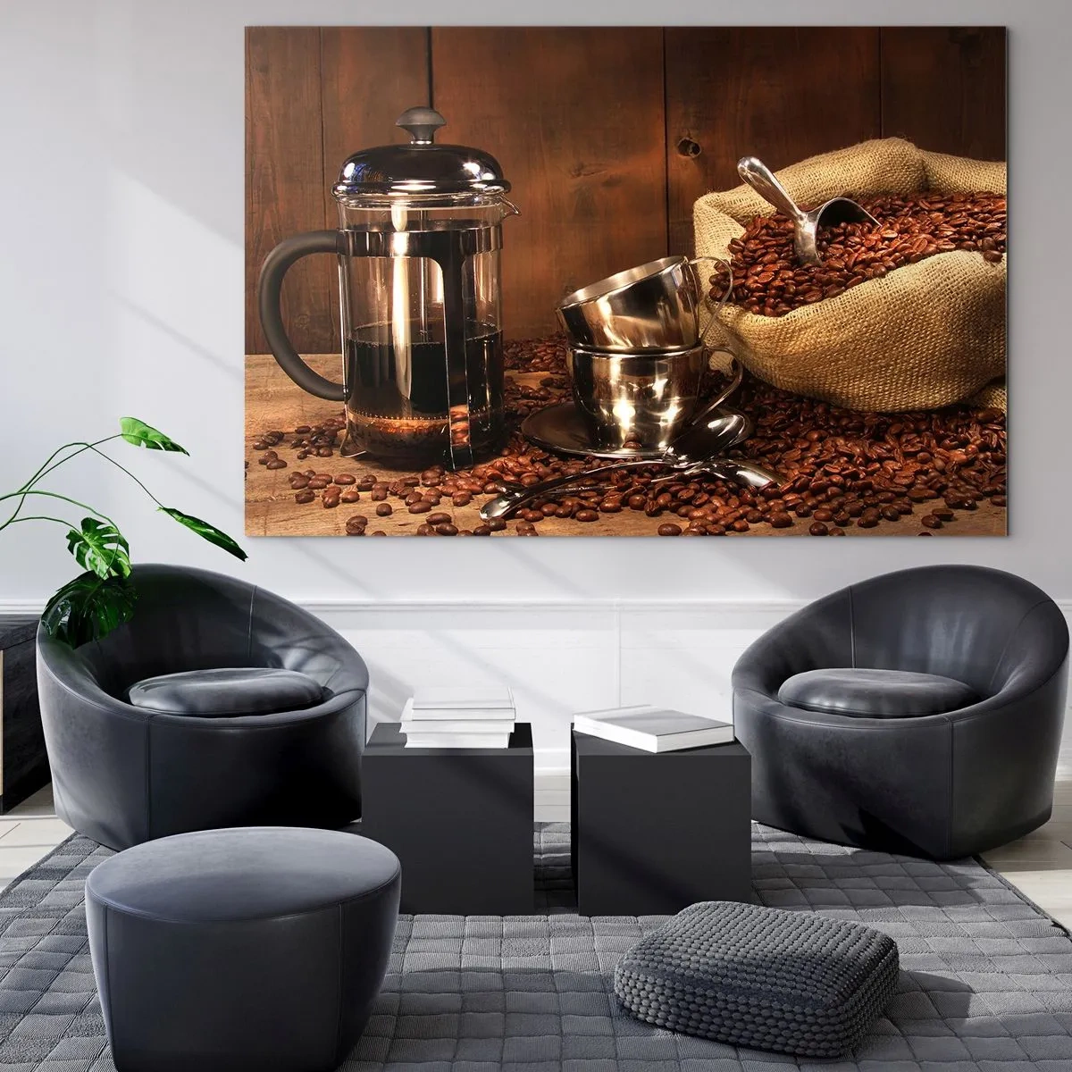 Cuadro sobre vidrio - Impresiones sobre Vidrio - Cafetera, tazas y una bolsa de granos de café. - 100x70cm - El embrujo del café: aroma y sabor - Decoración de pared moderna para salón y dormitorio ARTTOR