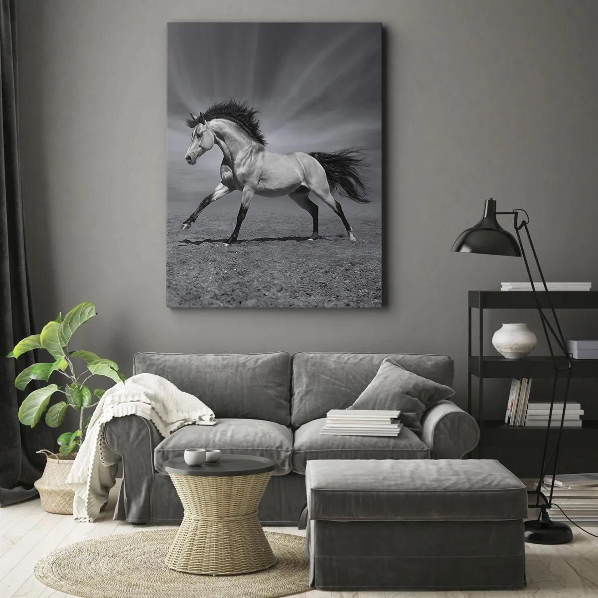 Cuadro sobre lienzo - Impresión de Imagen - Un caballo blanco y negro en una pose dinámica en el desierto. - 80x120cm - Nacido para deleitar - Decoración de pared moderna para salón y dormitorio ARTTOR