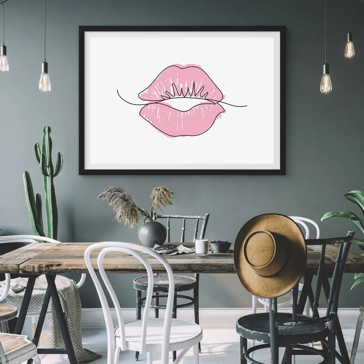 Póster en marco negro - Dibujo de labios minimalista en tono rosa. - 70x50cm - ¿Listo para un beso? - Decoración de pared moderna para salón y dormitorio ARTTOR