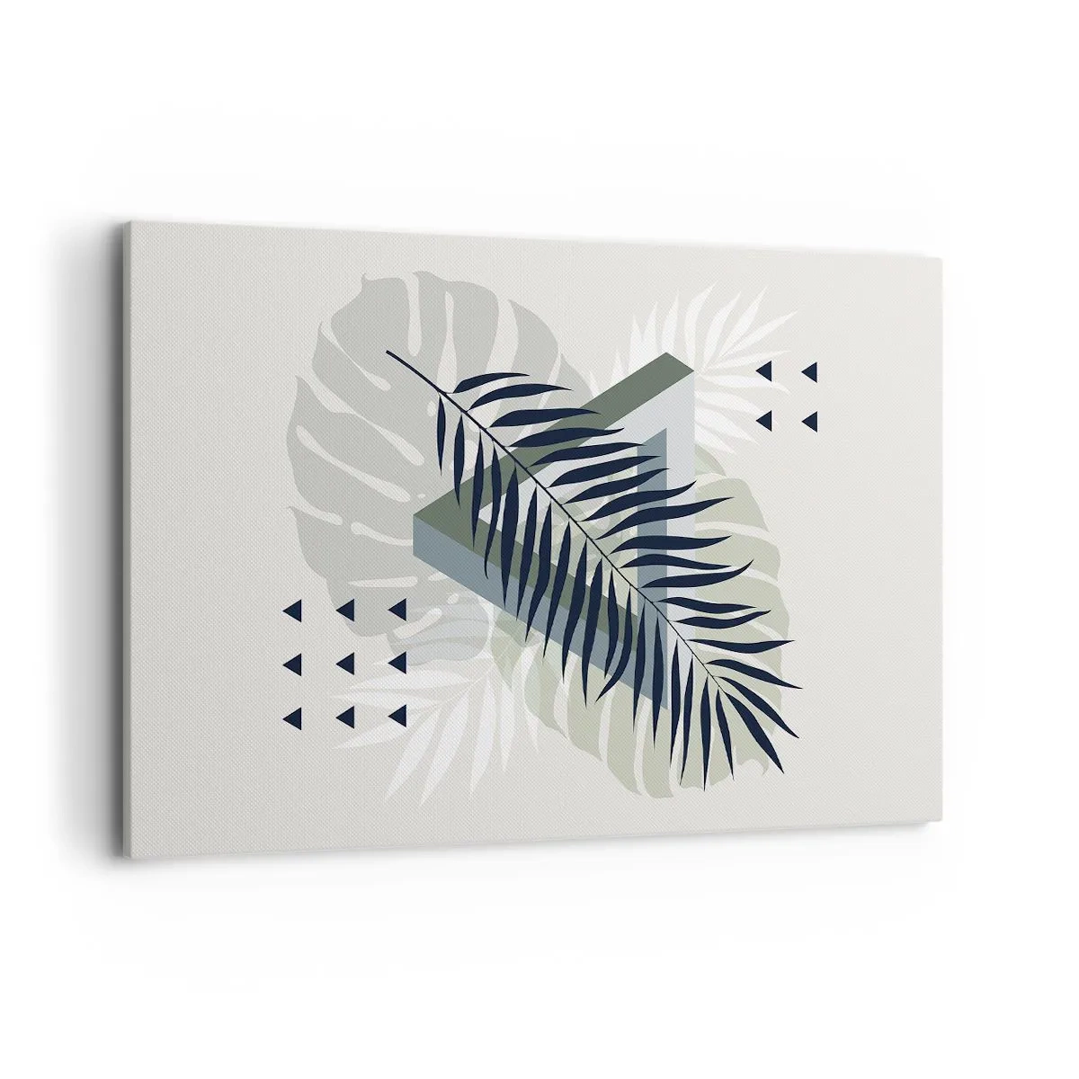 Cuadro sobre lienzo - Impresión de Imagen - Composición geométrica con hojas tropicales en tonos verdes. - 120x80cm - Naturaleza y geometría - Decoración de pared moderna para salón y dormitorio ARTTOR