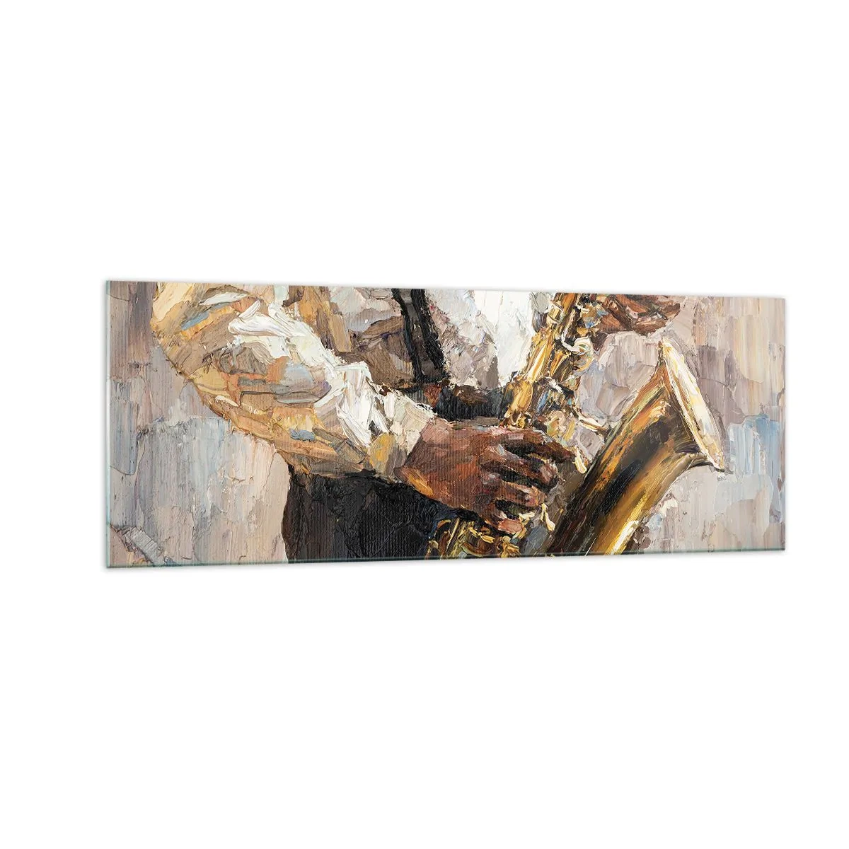 Cuadro sobre vidrio - Impresiones sobre Vidrio - Un músico tocando el saxofón con un estilo artístico. - 140x50cm - Llegó el momento del solo - Decoración de pared moderna para salón y dormitorio ARTTOR