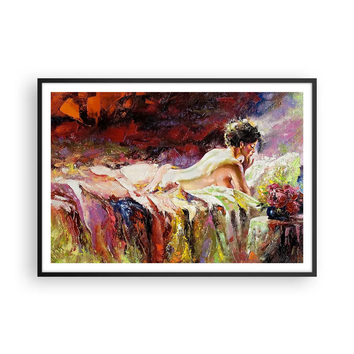 Póster en marco negro - Una mujer acostada en una cama sobre un fondo de colores abstractos. - 100x70cm - Una Venus reflexiva - Decoración de pared moderna para salón y dormitorio ARTTOR