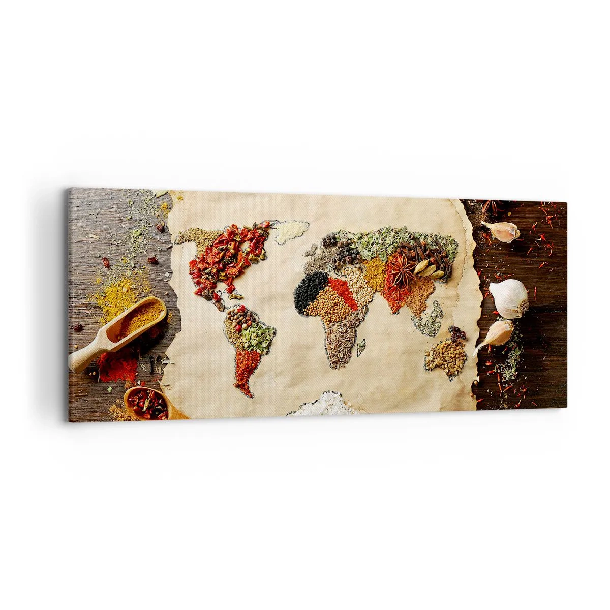 Cuadro sobre lienzo - Impresión de Imagen - Un mapa del mundo hecho de especias sobre un fondo de madera. - 120x50cm - Todos los sabores del mundo - Decoración de pared moderna para salón y dormitorio ARTTOR