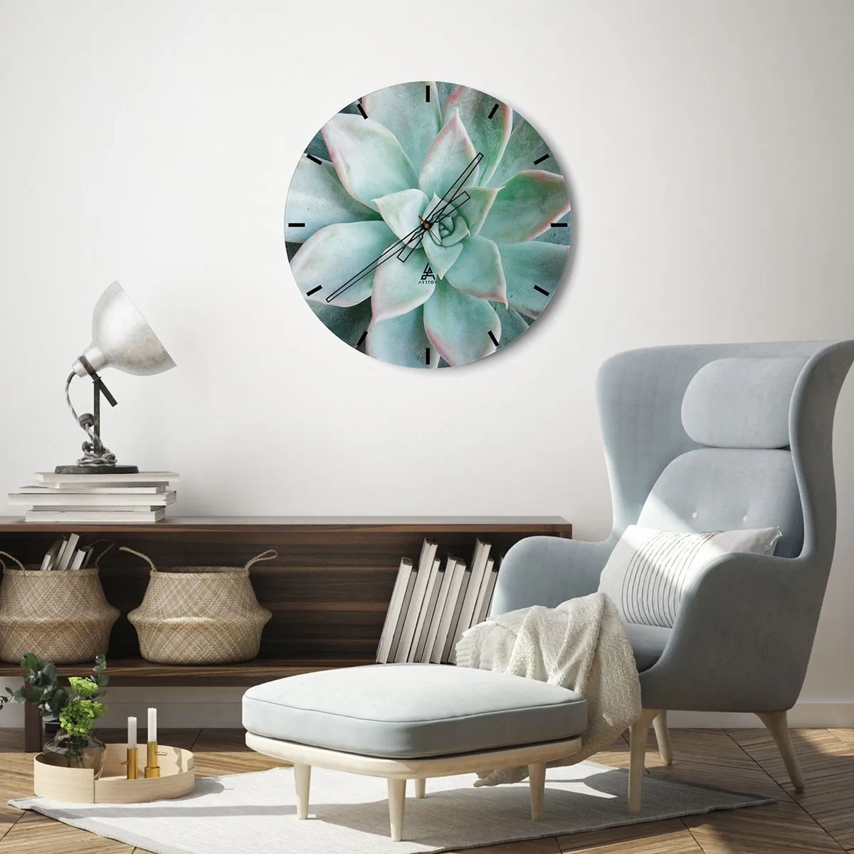Reloj de pared - Reloj de vidrio - Fotografía macro de una suculenta verde con acentos rosados. - 30x30cm - El corazón del desierto - Decoración de pared moderna para salón, cocina y dormitorio ARTTOR