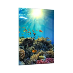 Cuadro sobre vidrio - Impresiones sobre Vidrio - Arrecife de coral con peces bajo los rayos del sol bajo el agua. - 70x100cm - Tesoros submarinos - Decoración de pared moderna para salón y dormitorio ARTTOR