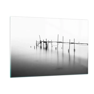 Cuadro sobre vidrio - Impresiones sobre Vidrio - Un embarcadero blanco y negro sobre una superficie de agua tranquila. - 120x80cm - ¿Y si no hay mundo? - Decoración de pared moderna para salón y dormitorio ARTTOR