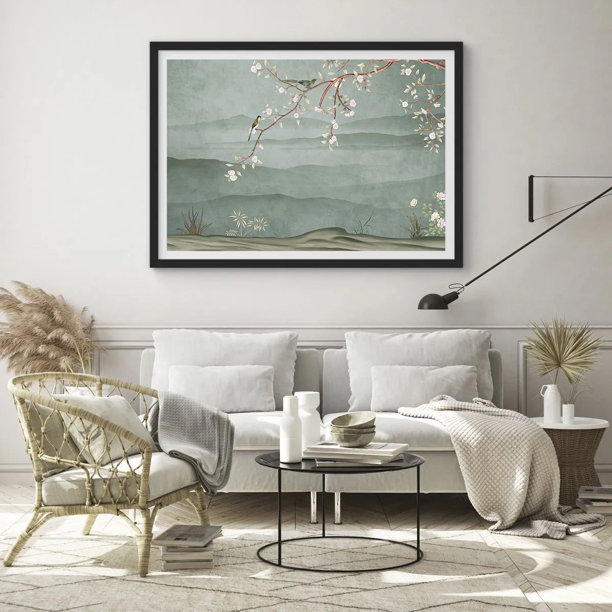 Póster en marco negro - Una imagen pintoresca de la rama de un árbol en flor con pájaros sobre un fondo de colinas verdes. - 70x50cm - Primavera, ah, eres tú - Decoración de pared moderna para salón y dormitorio ARTTOR