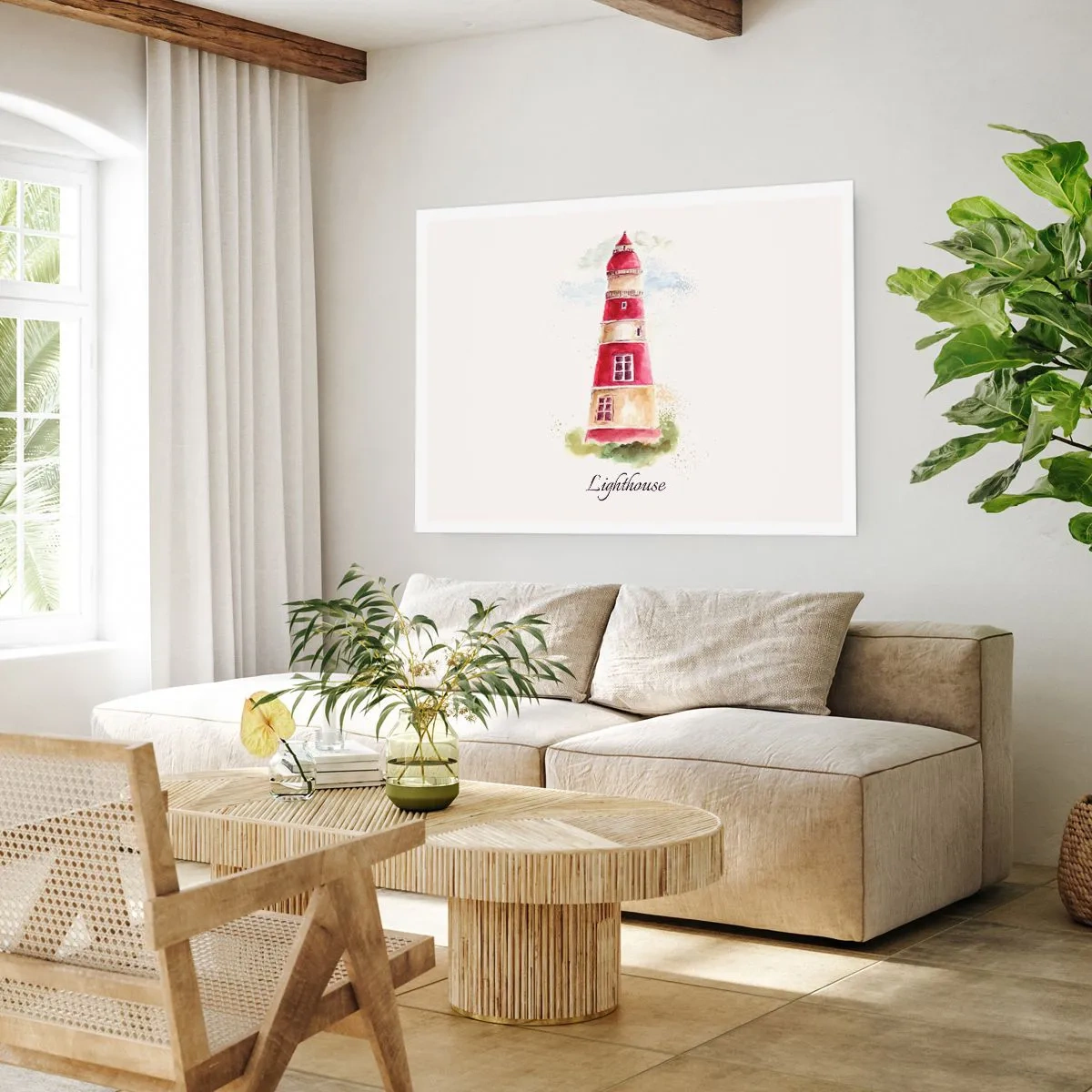 Póster - Una pintura de acuarela de un faro sobre un fondo claro con una inscripción. - 100x70cm - Siempre observando - Decoración de pared moderna para salón y dormitorio ARTTOR