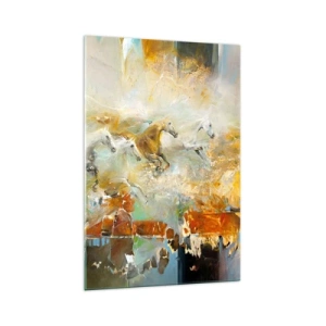Cuadro sobre vidrio - Impresiones sobre Vidrio - Caballos artísticos en un entorno dinámico y colorido. - 70x100cm - Galopando a través de la luz - Decoración de pared moderna para salón y dormitorio ARTTOR