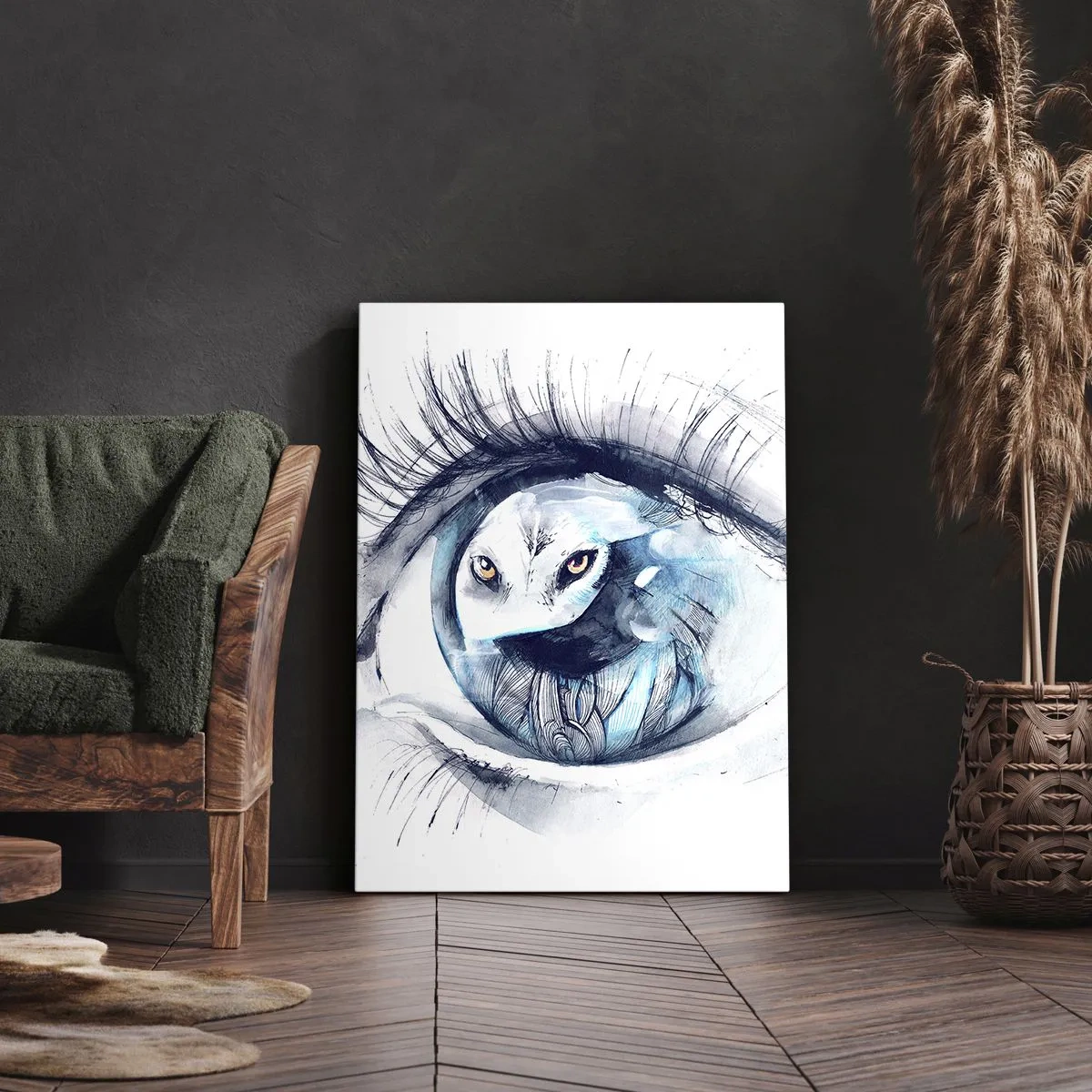 Cuadro sobre lienzo - Impresión de Imagen - Un ojo con la imagen de un búho en tonos de acuarela azul. - 80x120cm - Ojo con la naturaleza - Decoración de pared moderna para salón y dormitorio ARTTOR