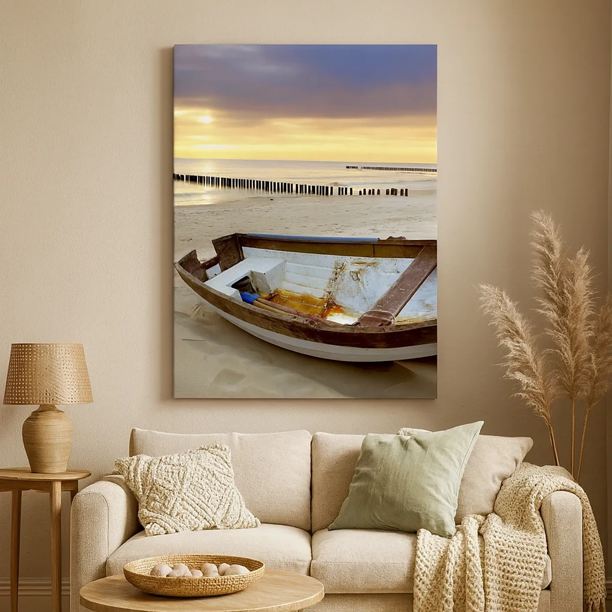Cuadro sobre lienzo - Impresión de Imagen - Un barco en una playa de arena al atardecer. - 50x70cm - No hay playas más bonitas - Decoración de pared moderna para salón y dormitorio ARTTOR