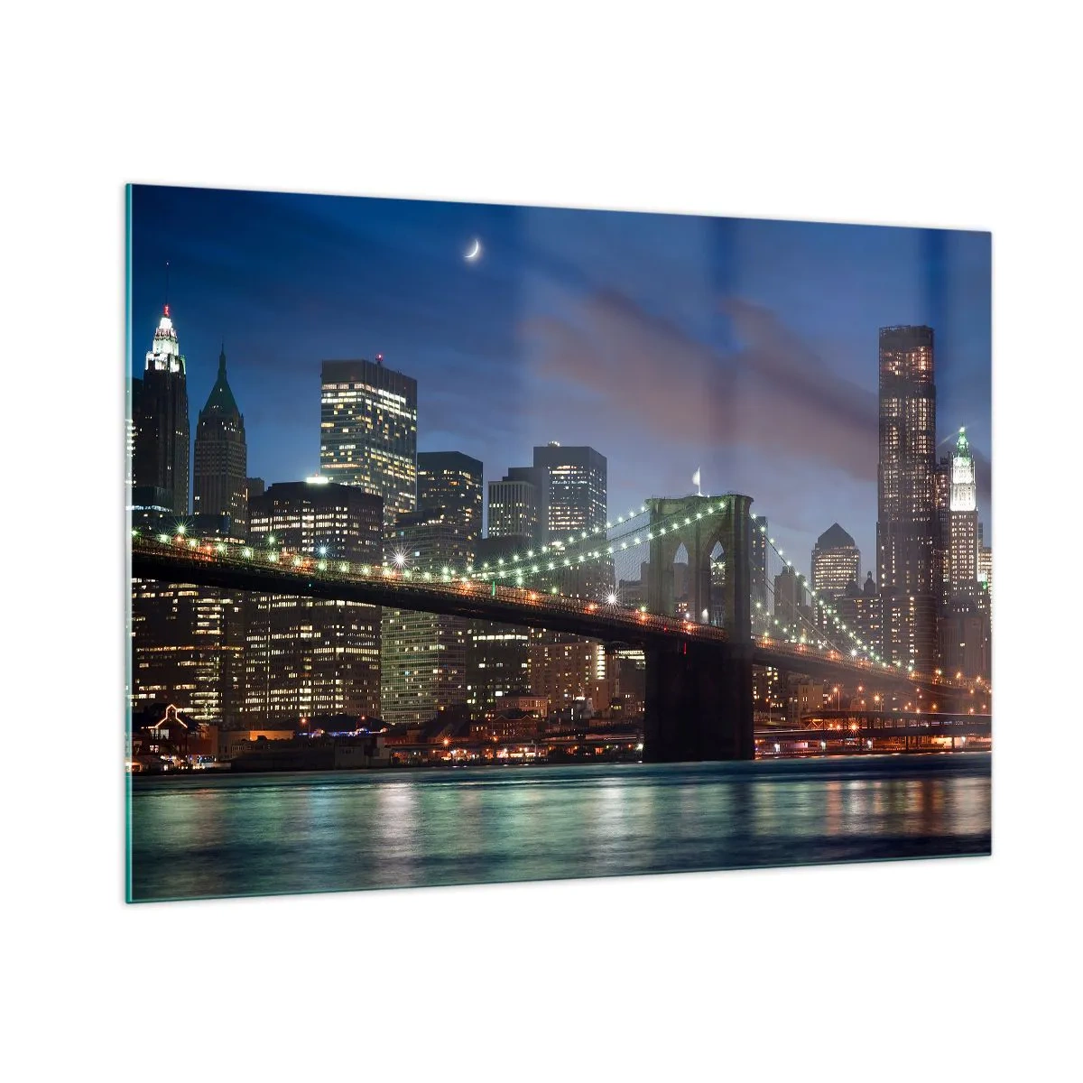 Cuadro sobre vidrio - Impresiones sobre Vidrio - Panorama de la ciudad con el puente iluminado por luces nocturnas. - 100x70cm - Una noche iluminada - Decoración de pared moderna para salón y dormitorio ARTTOR