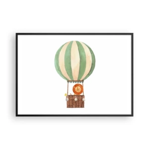 Póster en marco negro - Un globo con un león sonriente en una canasta de color pastel. - 100x70cm - Los viajes del león - Decoración de pared moderna para salón y dormitorio ARTTOR