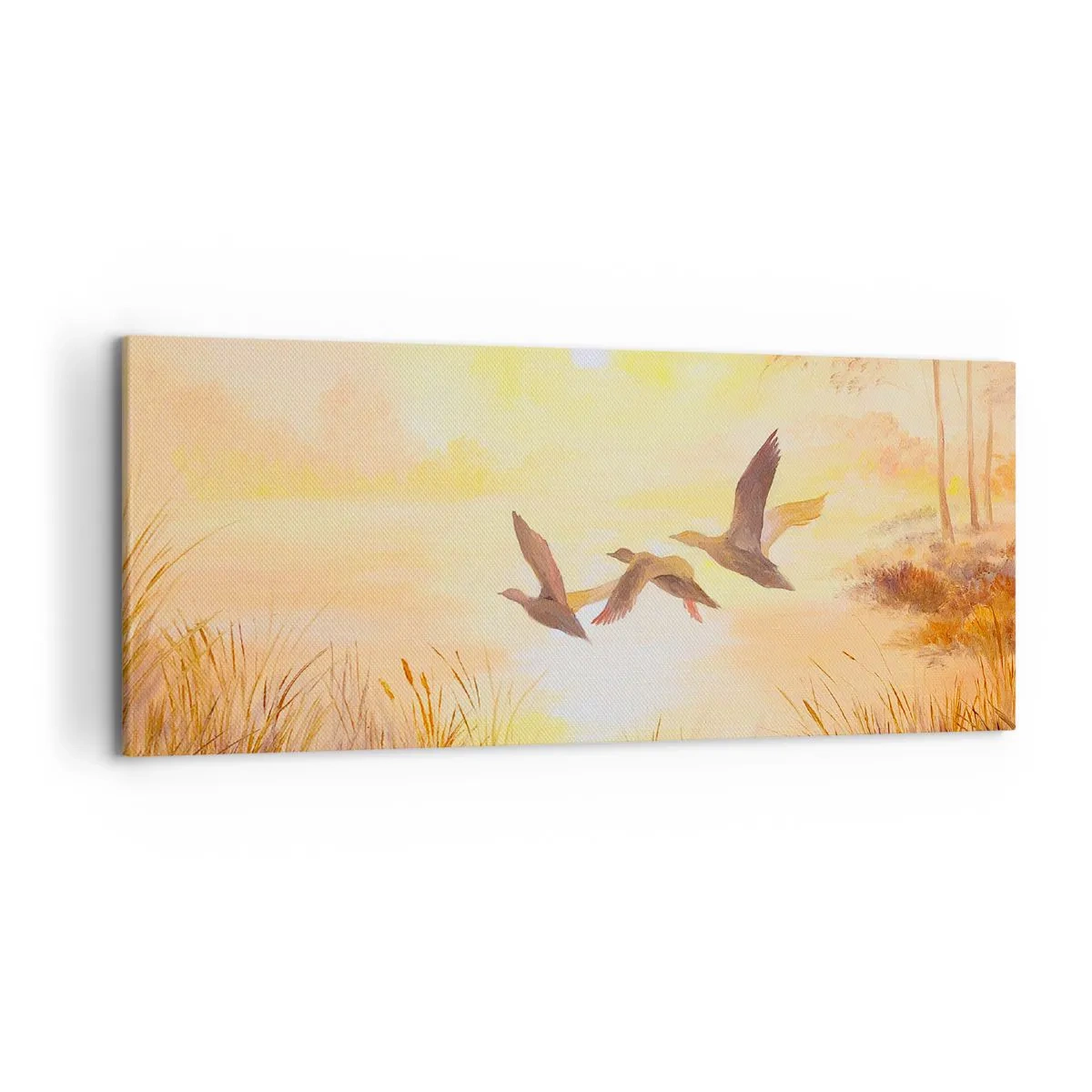 Cuadro sobre lienzo - Impresión de Imagen - Patos volando al amanecer sobre el lago - 120x50cm - El comienzo de un largo viaje - Decoración de pared moderna para salón y dormitorio ARTTOR