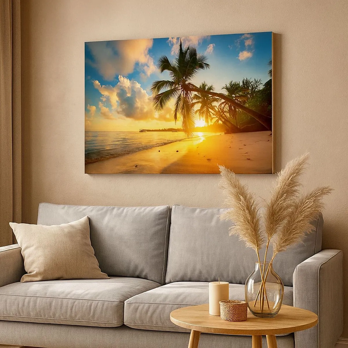 Cuadro sobre lienzo - Impresión de Imagen - Playa al atardecer con palmeras en la orilla del mar - 70x50cm - Un sueño caribeño - Decoración de pared moderna para salón y dormitorio ARTTOR